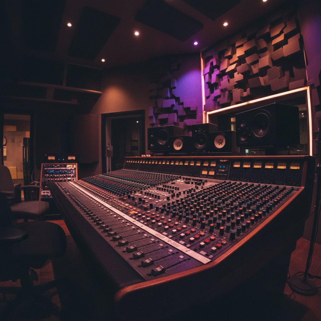 Professional recording studio control room with mixing console and monitors at Tibequ London